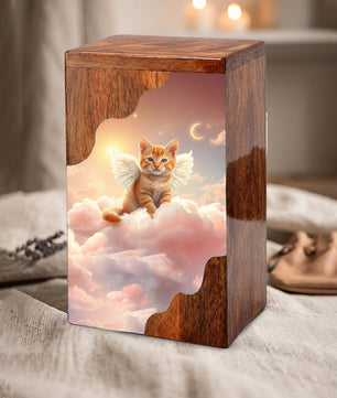 Cat Wooden Cremation Urn – Angel Cat Memorial Urn | Custom Pet Urn for Cat Ashes