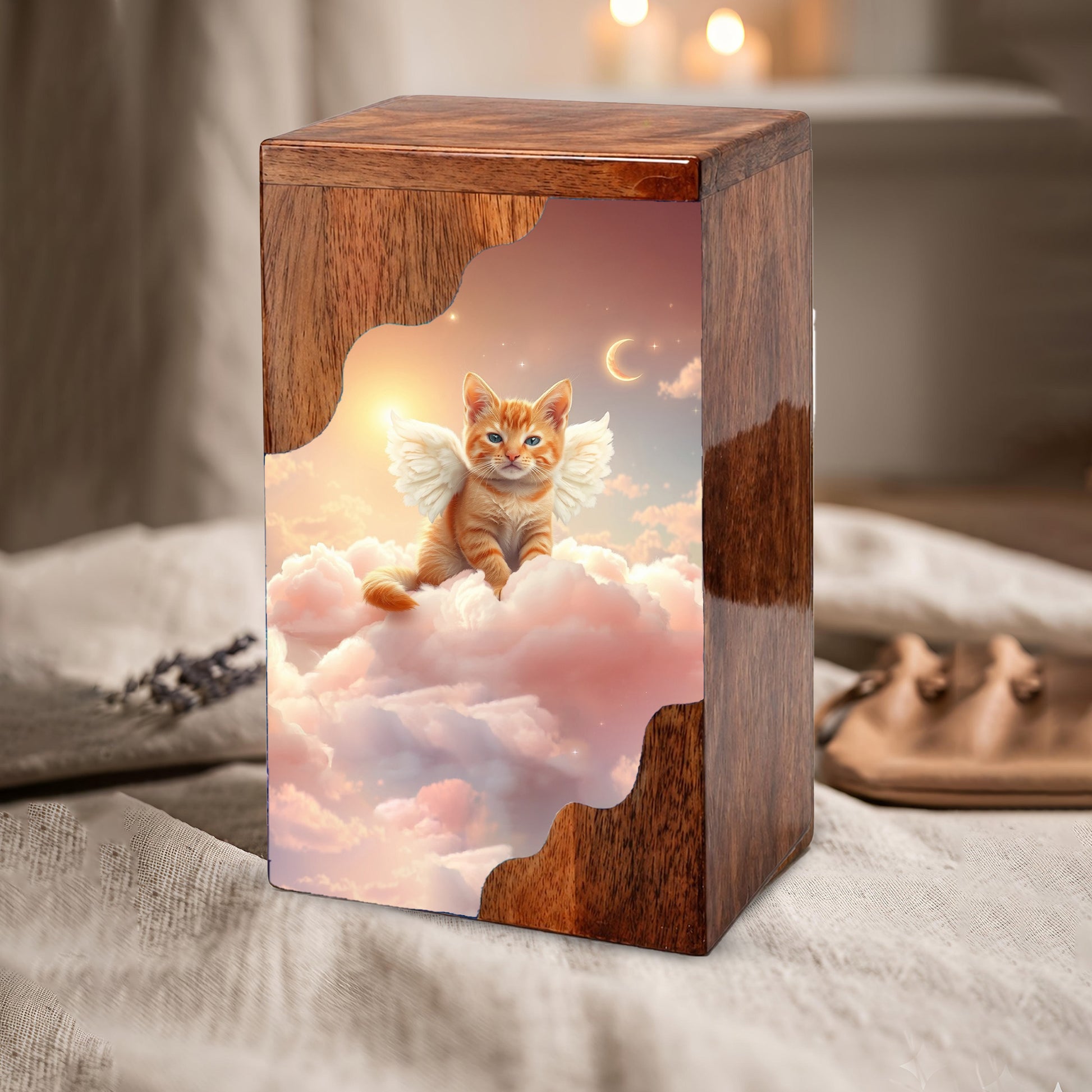 Cat Wooden Cremation Urn – Angel Cat Memorial Urn | Custom Pet Urn for Cat Ashes