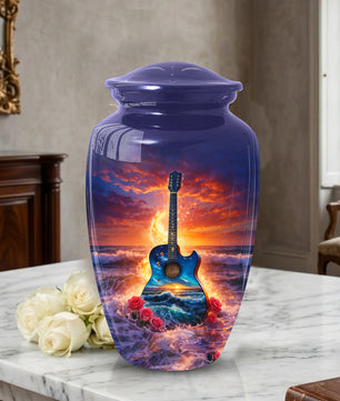 Guitar Funeral Urn - Adult Cremation Large Urn for Ashes |Ocean Sunset Memorial Urn