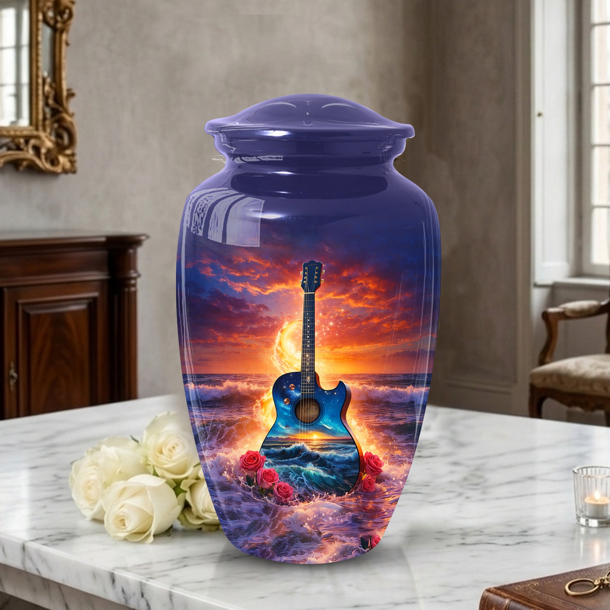 Guitar Funeral Urn - Adult Cremation Large Urn for Ashes |Ocean Sunset Memorial Urn