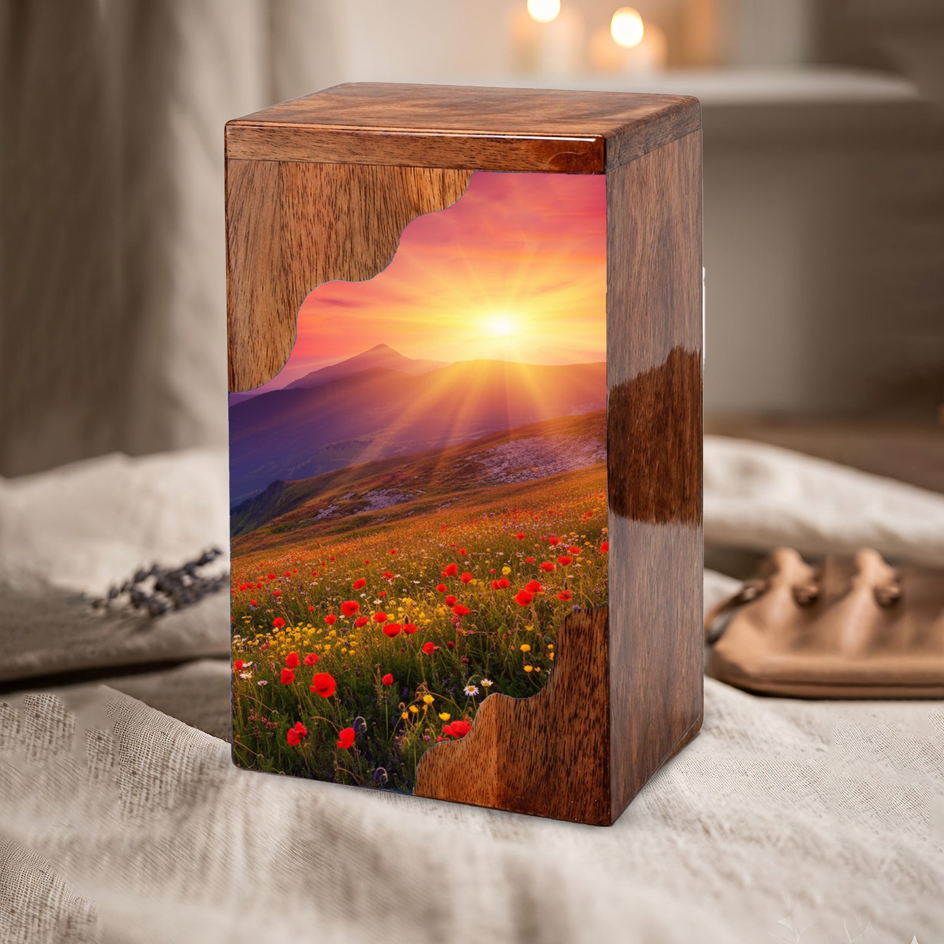 Sunrise Cremation Urn – Custom Wooden Memorial Urn Box for Ashes