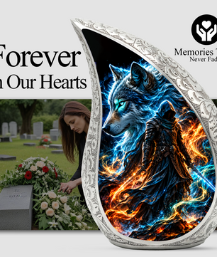 Wolf Warrior Cremation Urn for Ashes, Blue Wolf keepsake Adult Urn
