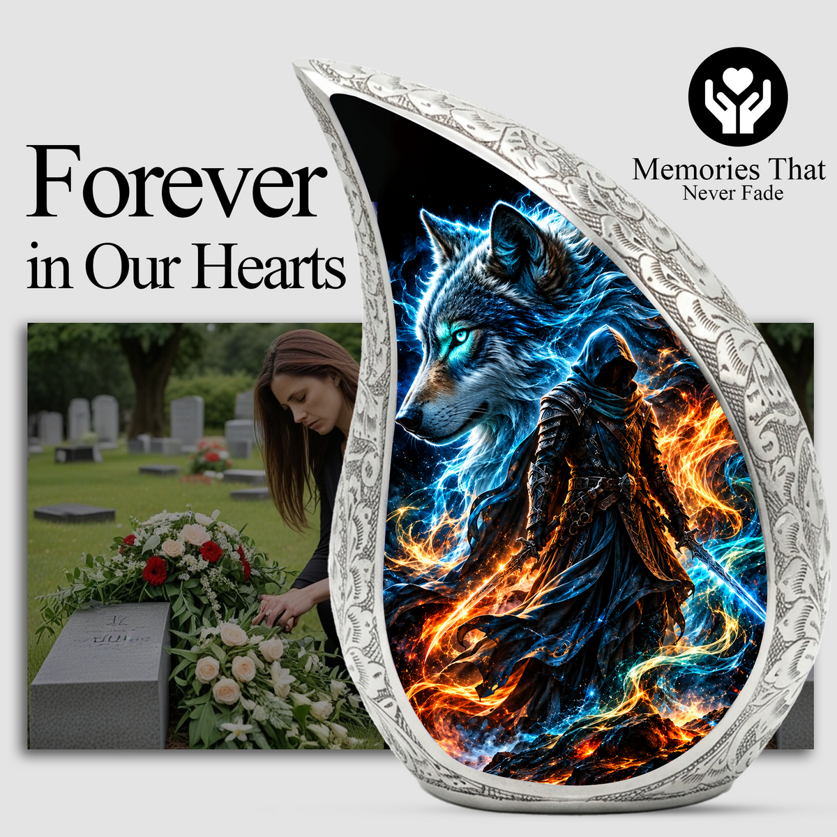 Wolf Warrior Cremation Urn for Ashes, Blue Wolf keepsake Adult Urn