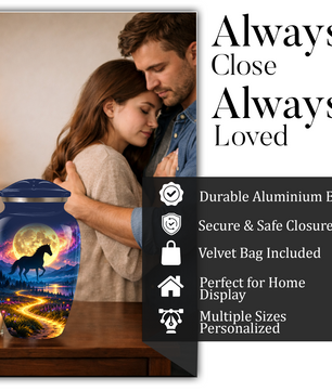 Personalized Adult Cremation Urn for Ashes, Black Horse Under Golden Moon Memorial Urn