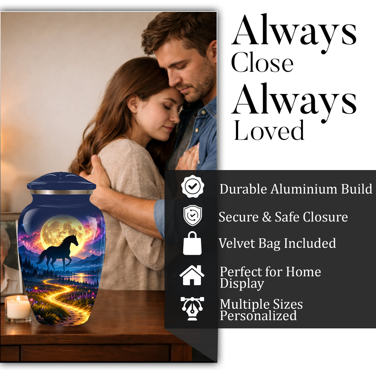 Personalized Adult Cremation Urn for Ashes, Black Horse Under Golden Moon Memorial Urn