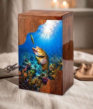 Fishing Wooden Cremation Urn – Fishing in Heaven Memorial Urn for Human Ashes