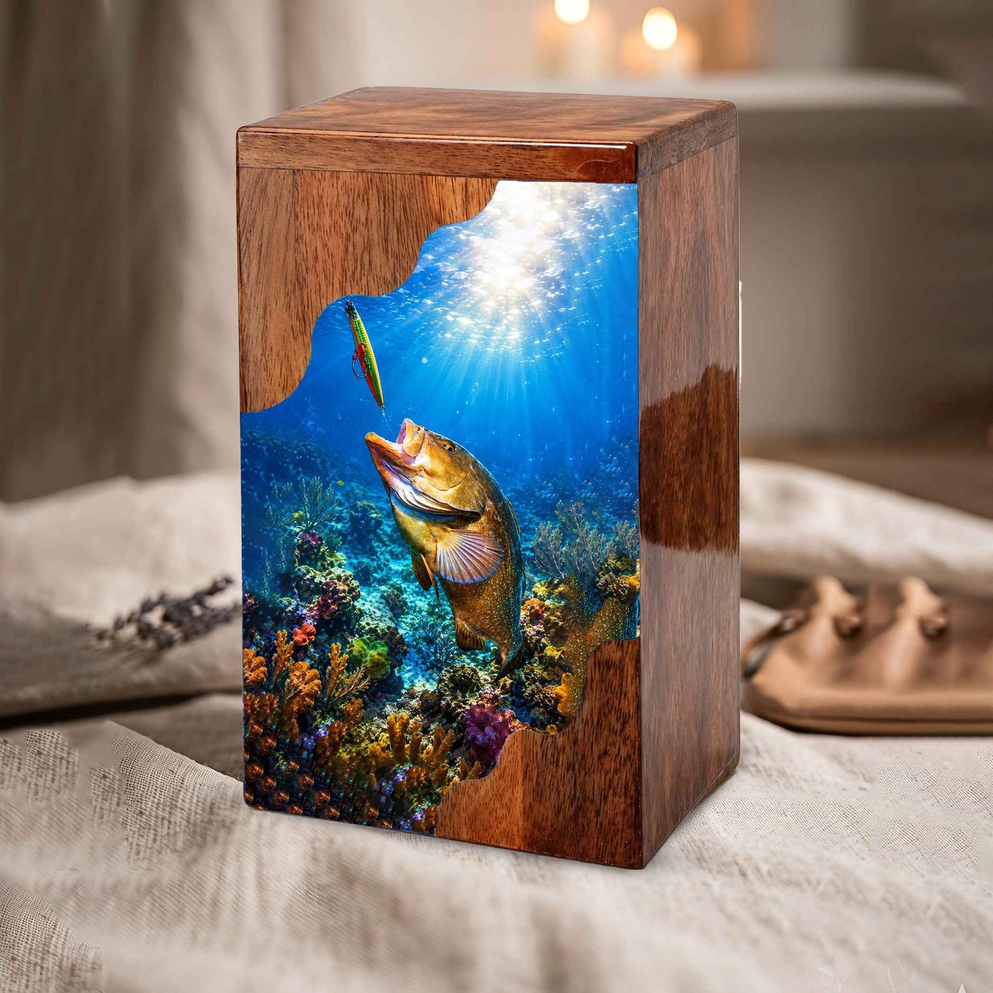 Fishing Wooden Cremation Urn – Fishing in Heaven Memorial Urn for Human Ashes
