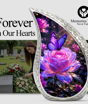 Flower Urn for Mom and Women – Blue Velvet Butterfly Keepsake Cremation Urn for Mom,