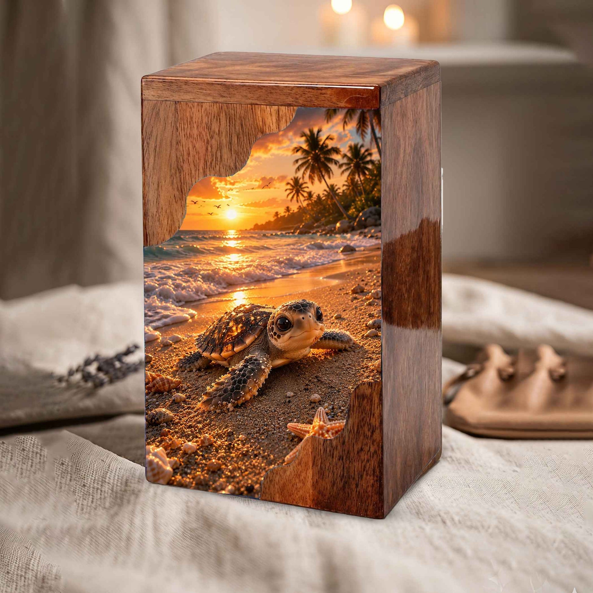 Wooden Cremation Urn for Human Ashes, Sea Turtle Memorial Urn