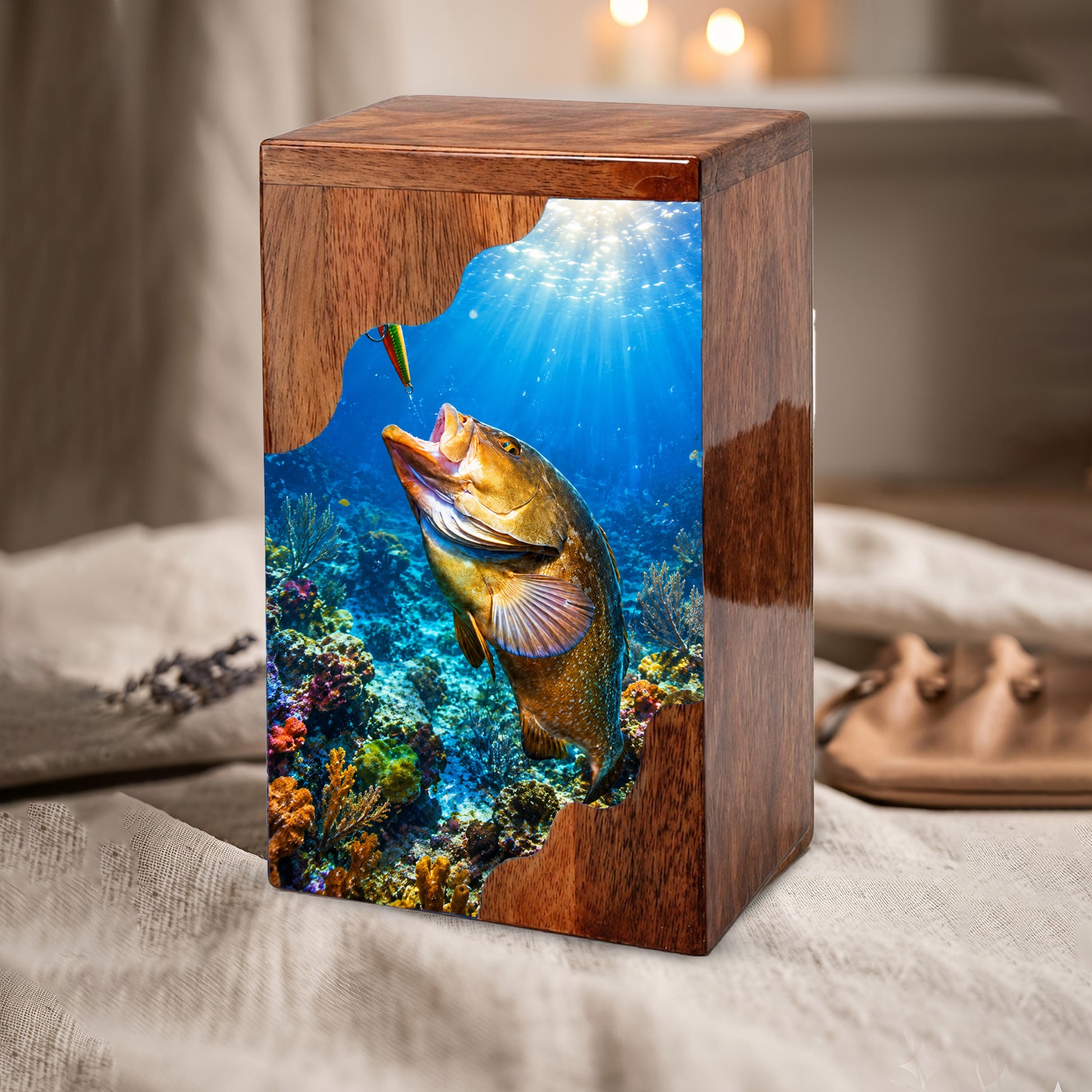 Fishing Wooden Cremation Urn – Ocean Fishing Memorial Urn for Human Ashes