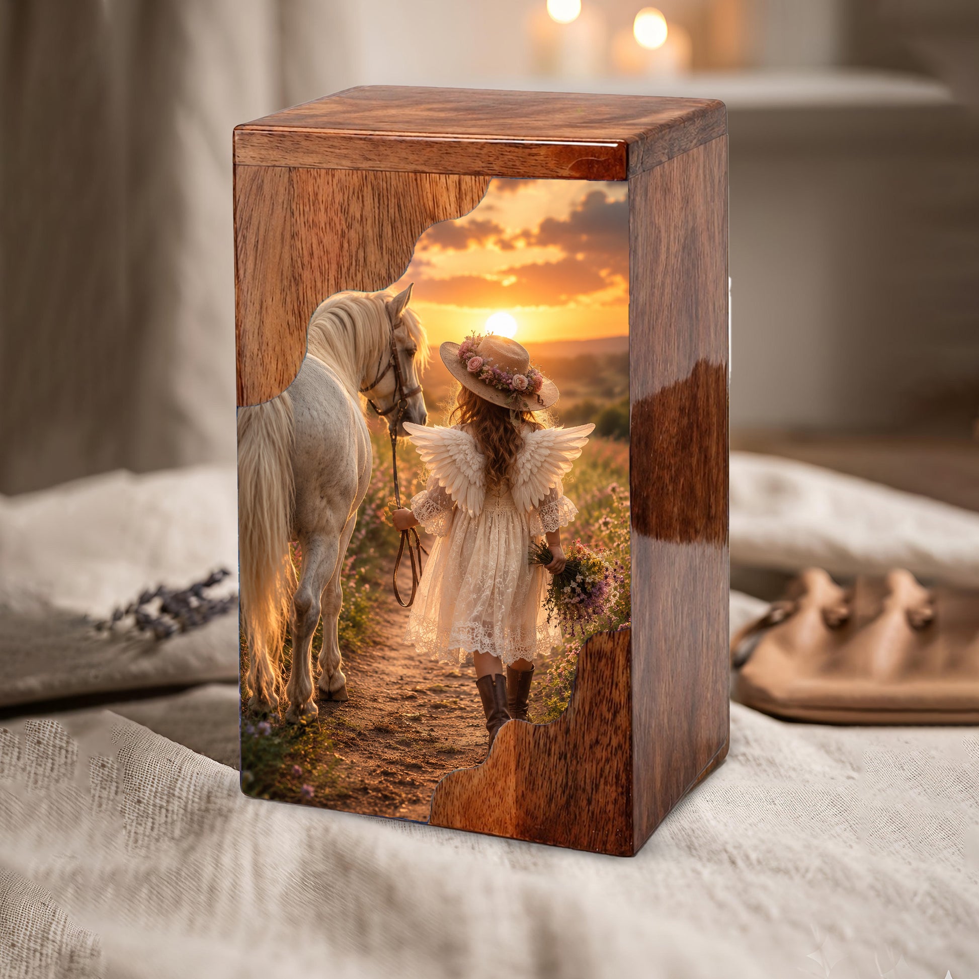 Angel Horse Wooden Cremation Urn – Memorial Urn for Human Ashes