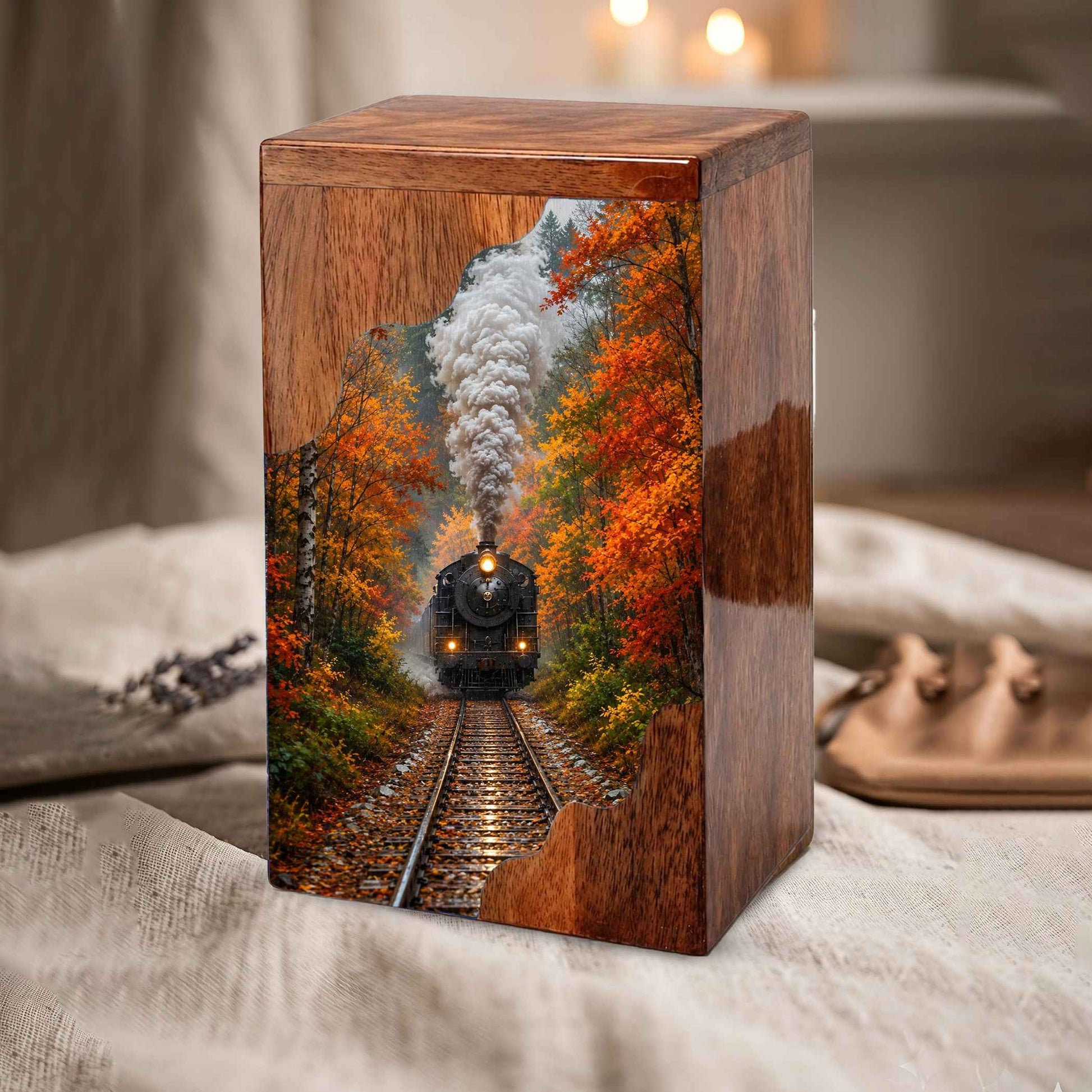 Personalized Wooden Cremation Urn for Mom & Dad, Steam Train Memorial Urn