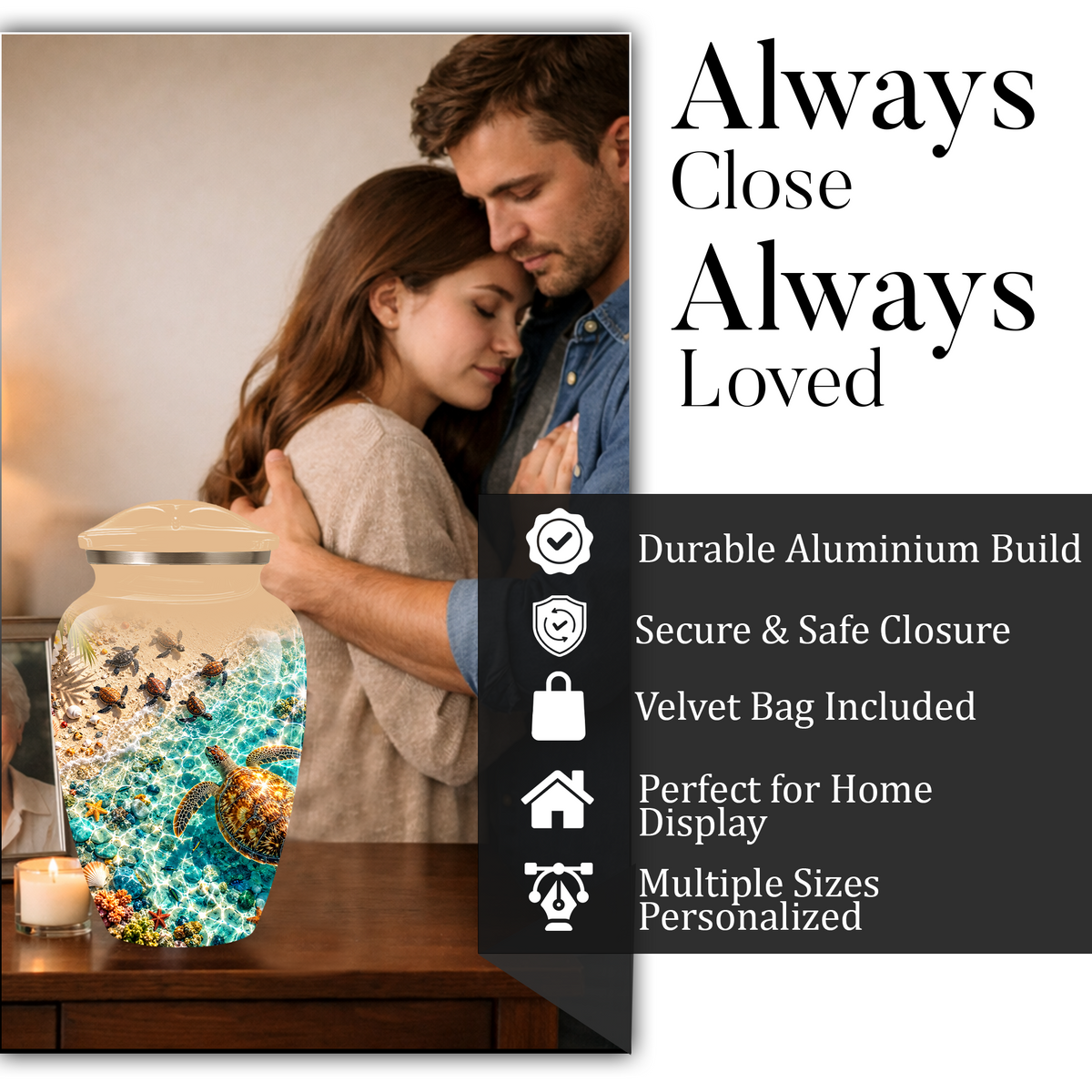 Personalized Sea Turtle Memorial Urn, Aluminum Ocean Beach Urn for Human Ashes