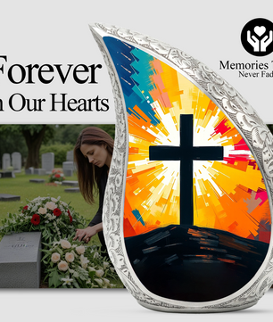 Cross Personalized Cremation Urn – Christian Memorial Teardrop Urn for Ashes | 10 Inch Aluminum Adult Urn