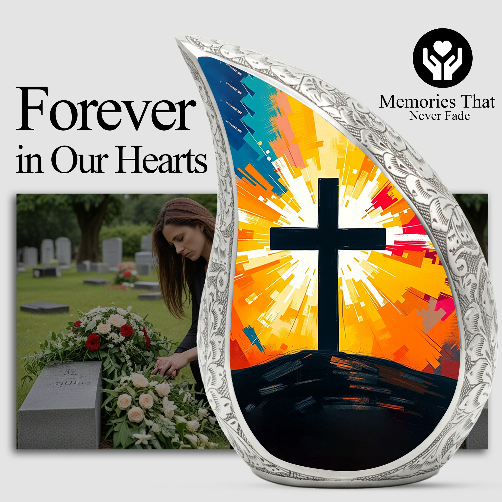 Cross Personalized Cremation Urn – Christian Memorial Teardrop Urn for Ashes | 10 Inch Aluminum Adult Urn