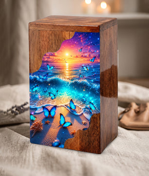 Coastal Butterfly Wooden Cremation Urn – Butterfly Memorial Urn for Human Ashes