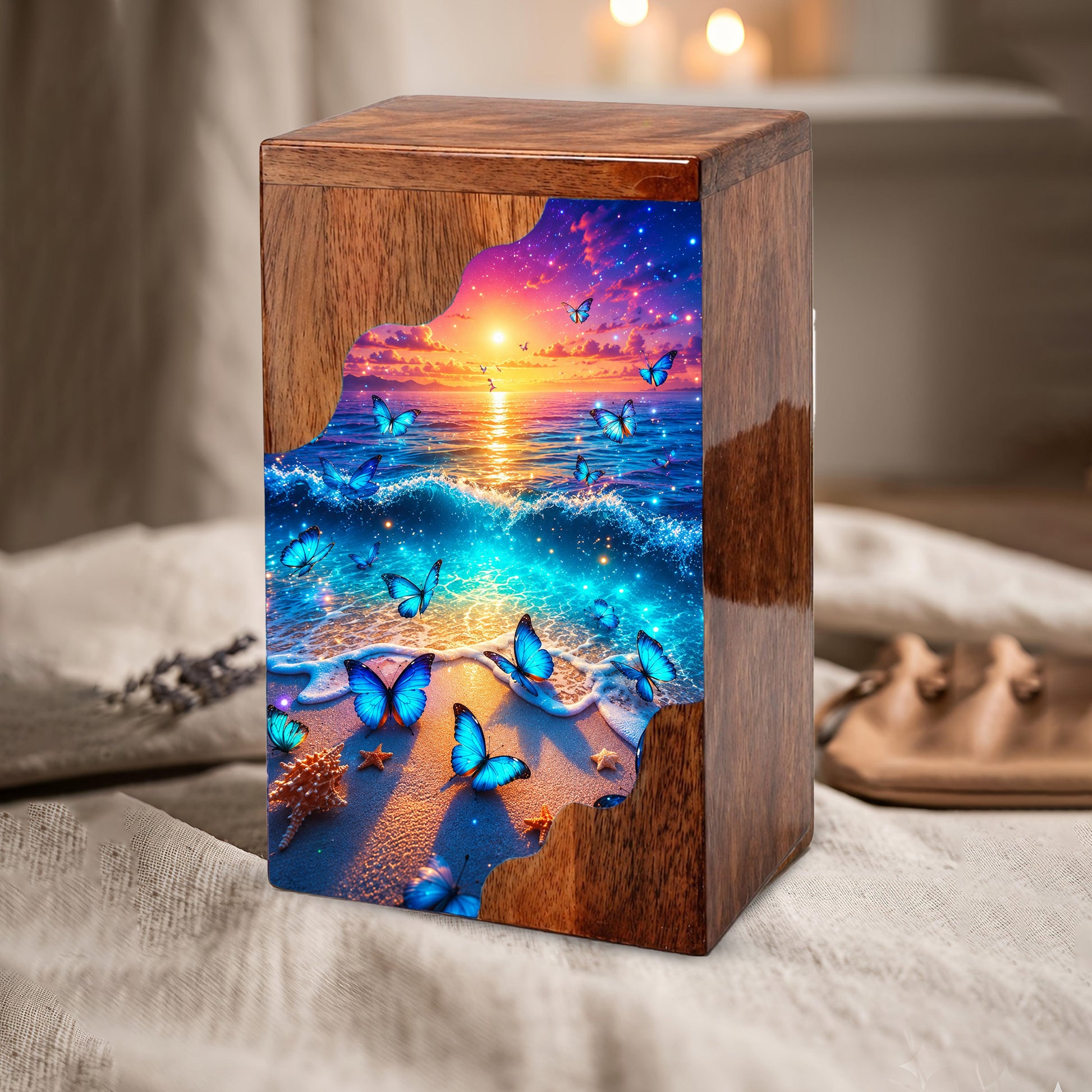 Coastal Butterfly Wooden Cremation Urn – Butterfly Memorial Urn for Human Ashes