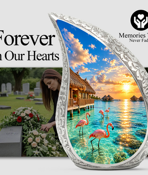 Flamingo Cremation Urn for Ashes, Tropical Beach Sunset Adult Memorial Urn