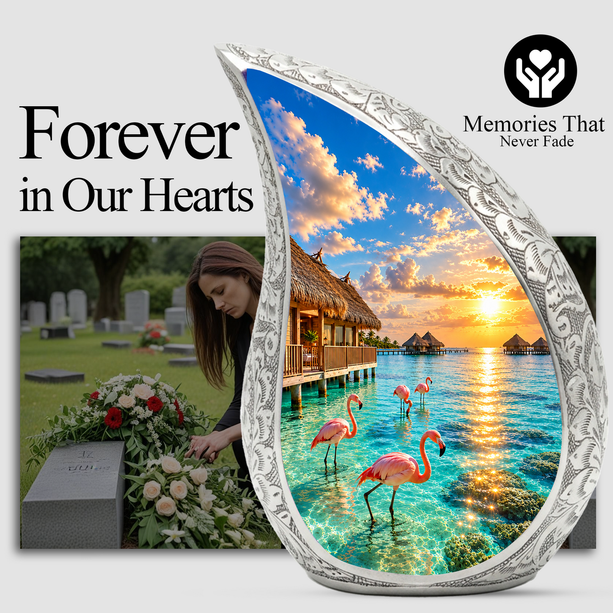 Flamingo Cremation Urn for Ashes, Tropical Beach Sunset Adult Memorial Urn