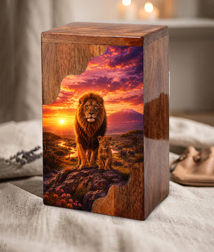 Lion Wooden Cremation Urn – Father Memorial Urn for Ashes | Strength & Legacy Wooden Urn