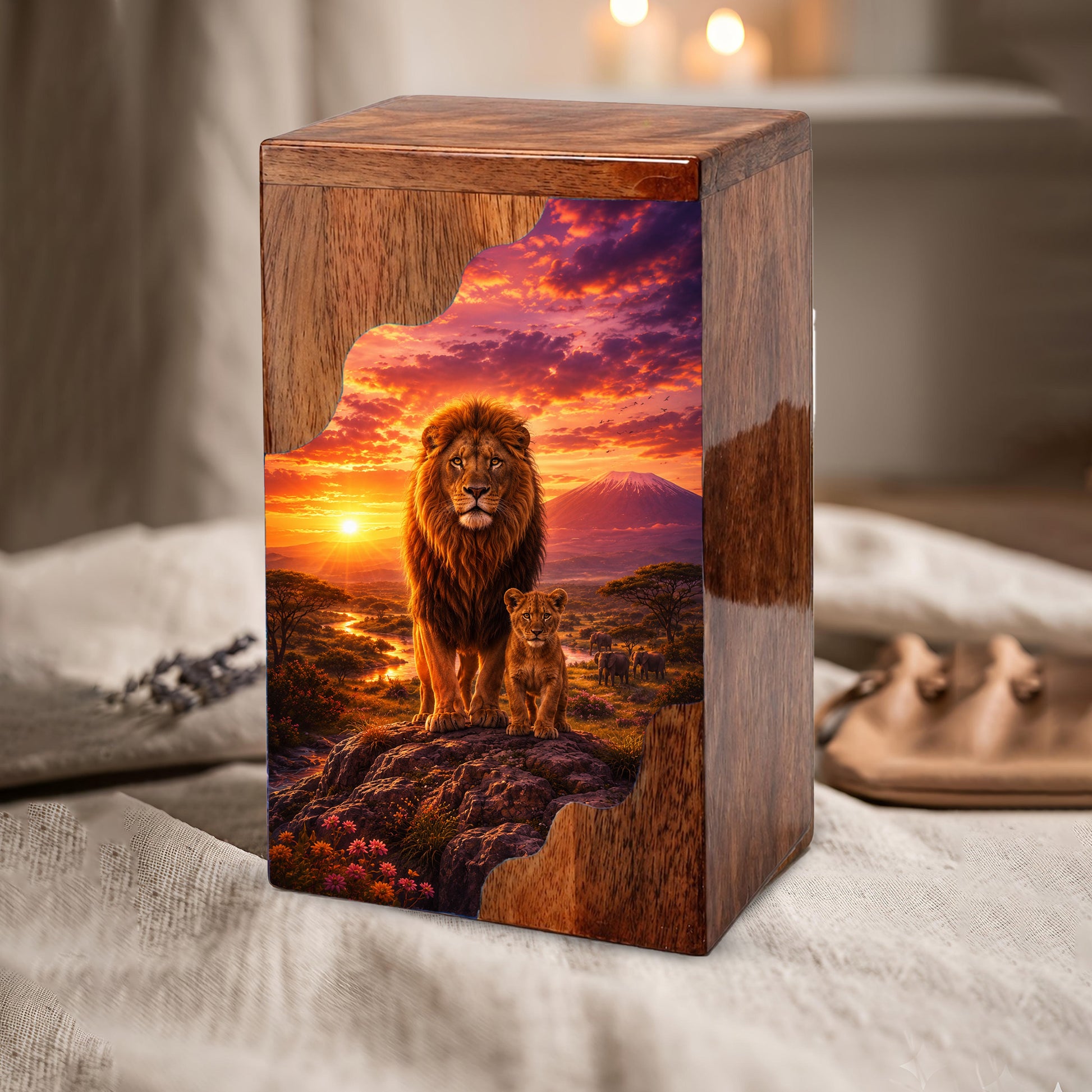 Lion Wooden Cremation Urn – Father Memorial Urn for Ashes | Strength & Legacy Wooden Urn