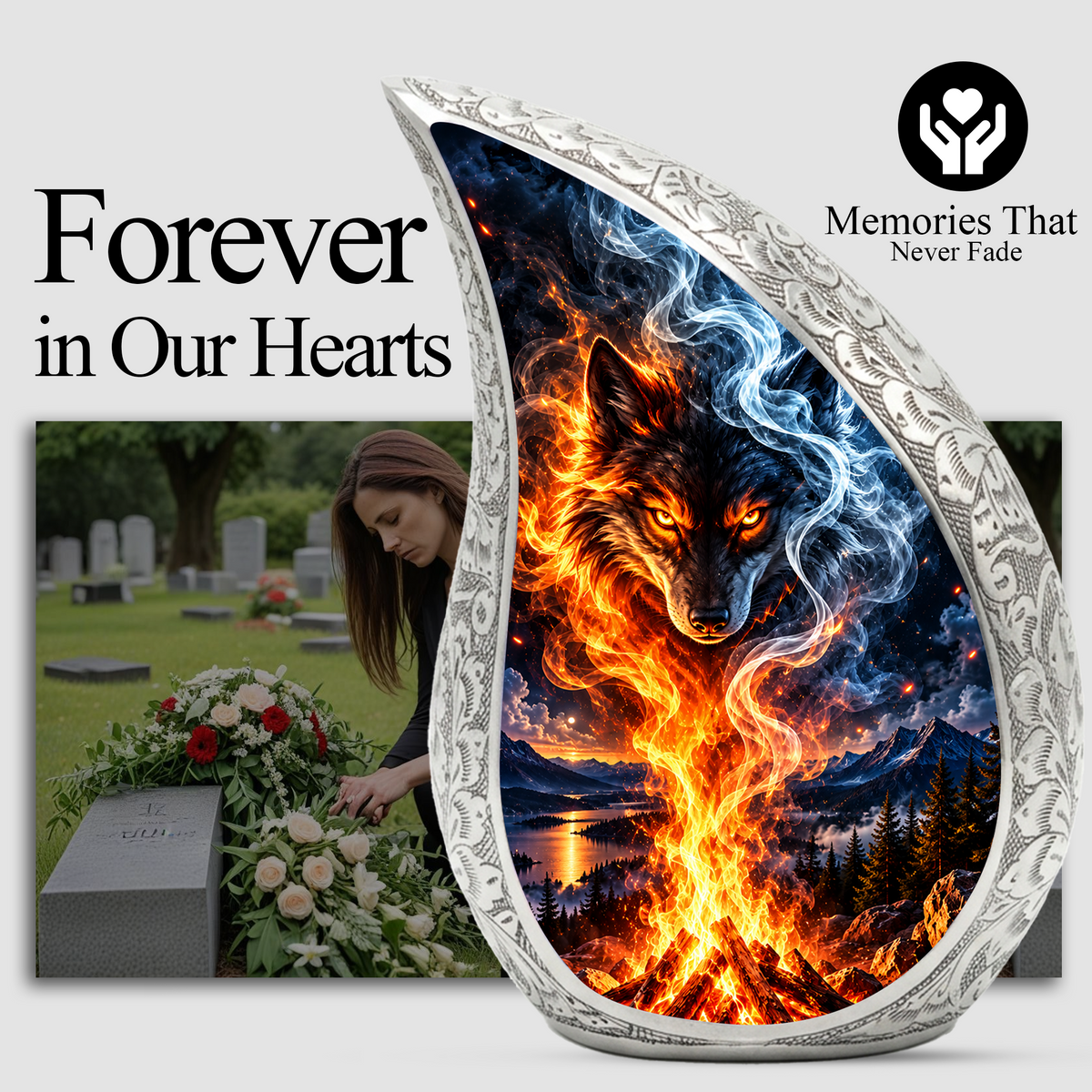 Wolf Cremation Urn for Ashes, Fire and Ice Wolf Adult Memorial Urn
