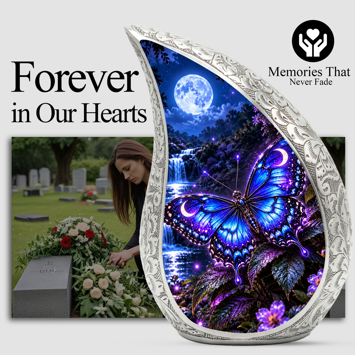 Blue Butterfly Cremation Urn for Mom Ashes - Moonlight Butterfly Memorial Urn
