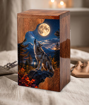 Wolf Wooden Cremation Urn – Personalized Memorial Urn for Human Ashes | Moonlit Wolf Wooden Urn