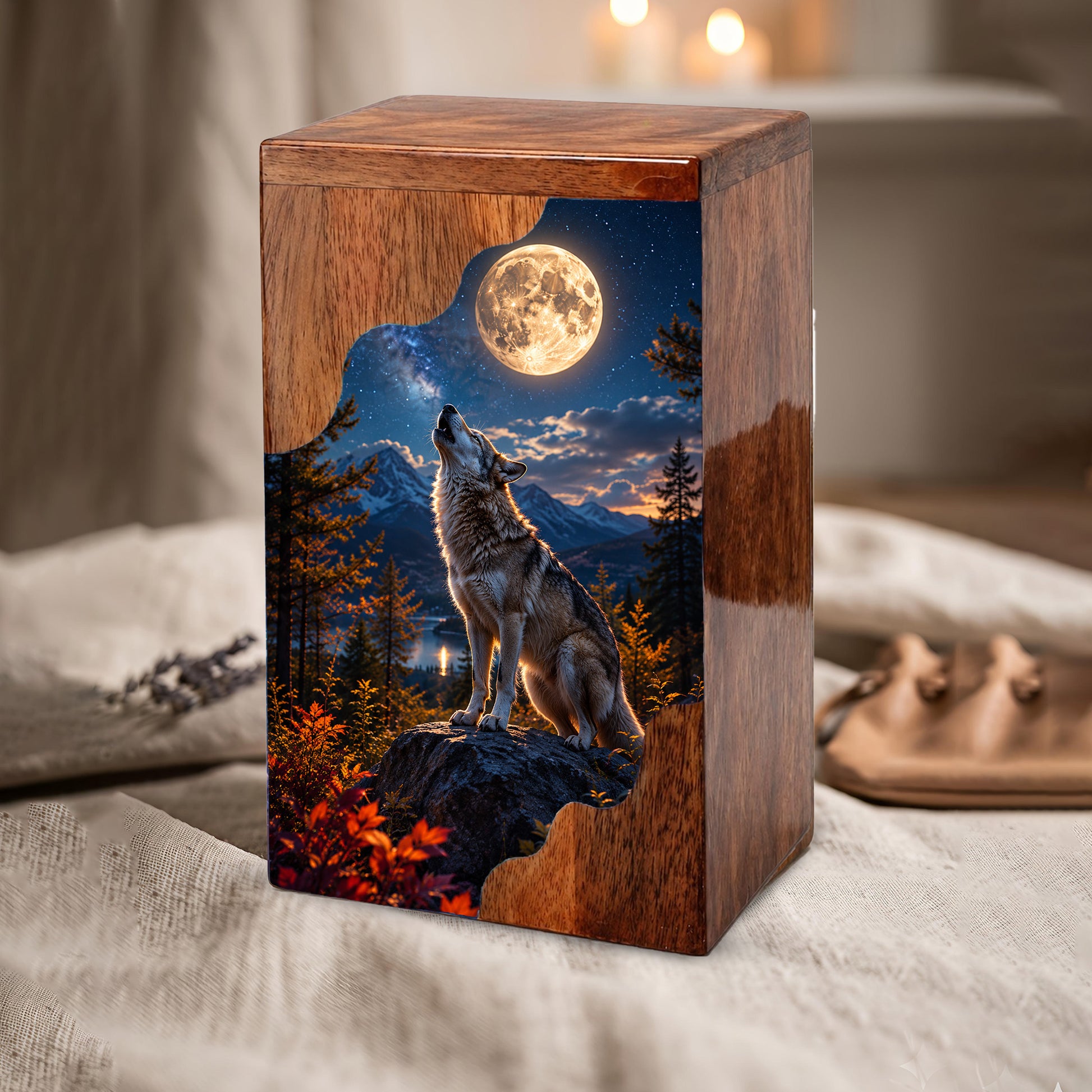 Wolf Wooden Cremation Urn – Personalized Memorial Urn for Human Ashes | Moonlit Wolf Wooden Urn