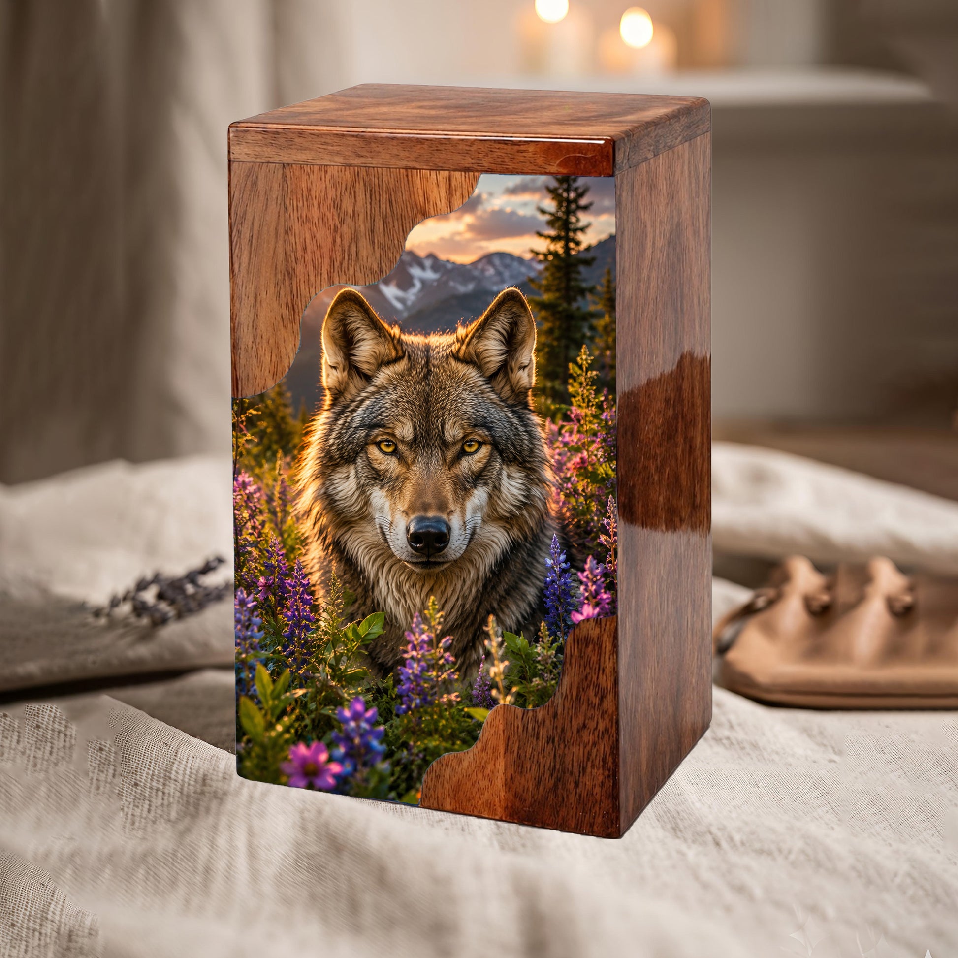 Wolf Wooden Cremation Urn – Wooden Urn for Human Ashes