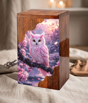 Pink Owl Wooden Cremation Urn – Cherry Blossom Memorial Urn
