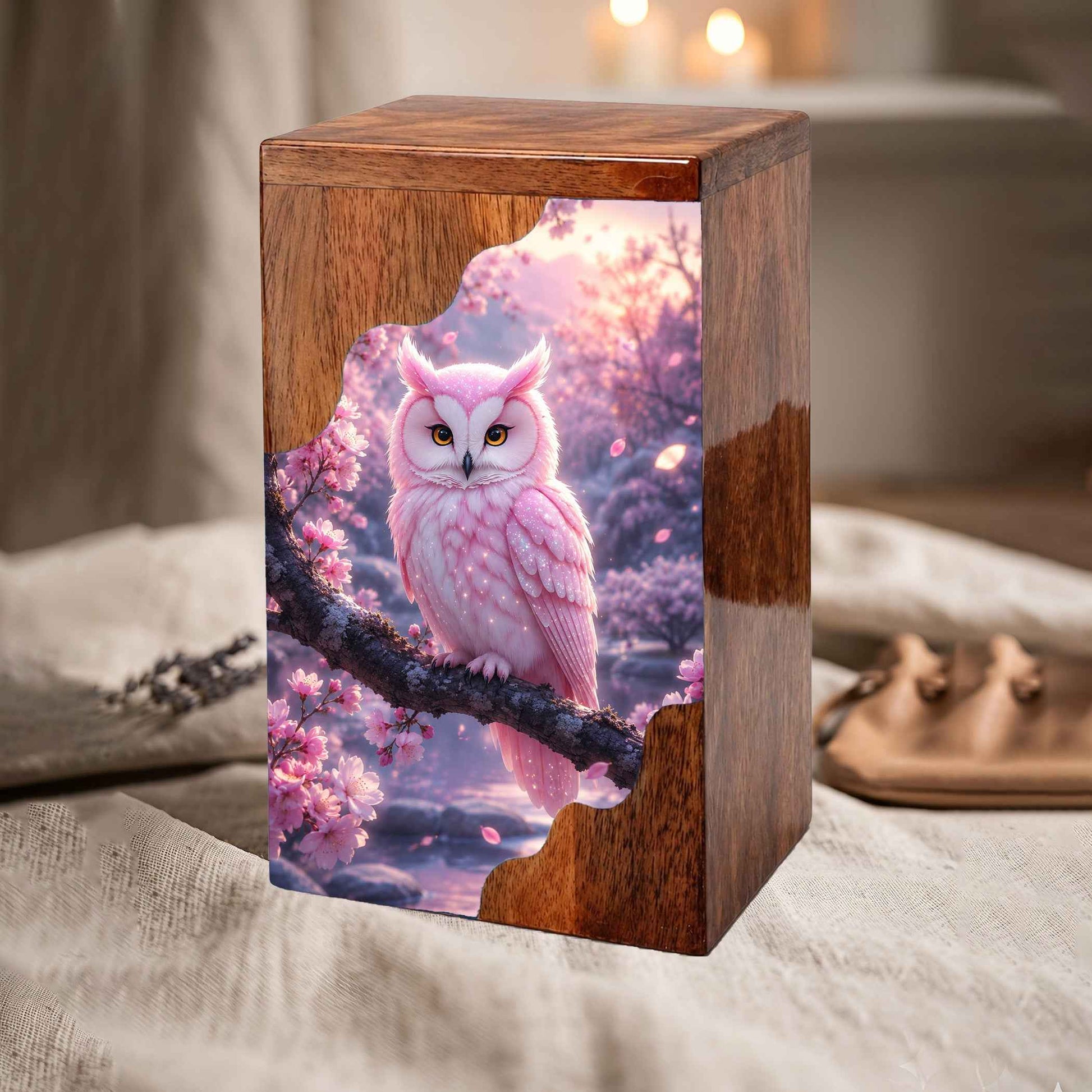 Pink Owl Wooden Cremation Urn – Cherry Blossom Memorial Urn