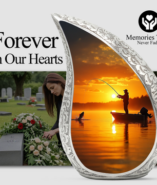Fishing Personalized Cremation Urn for Dad – Teardrop Style Aluminum Memorial Urn, 10 Inch