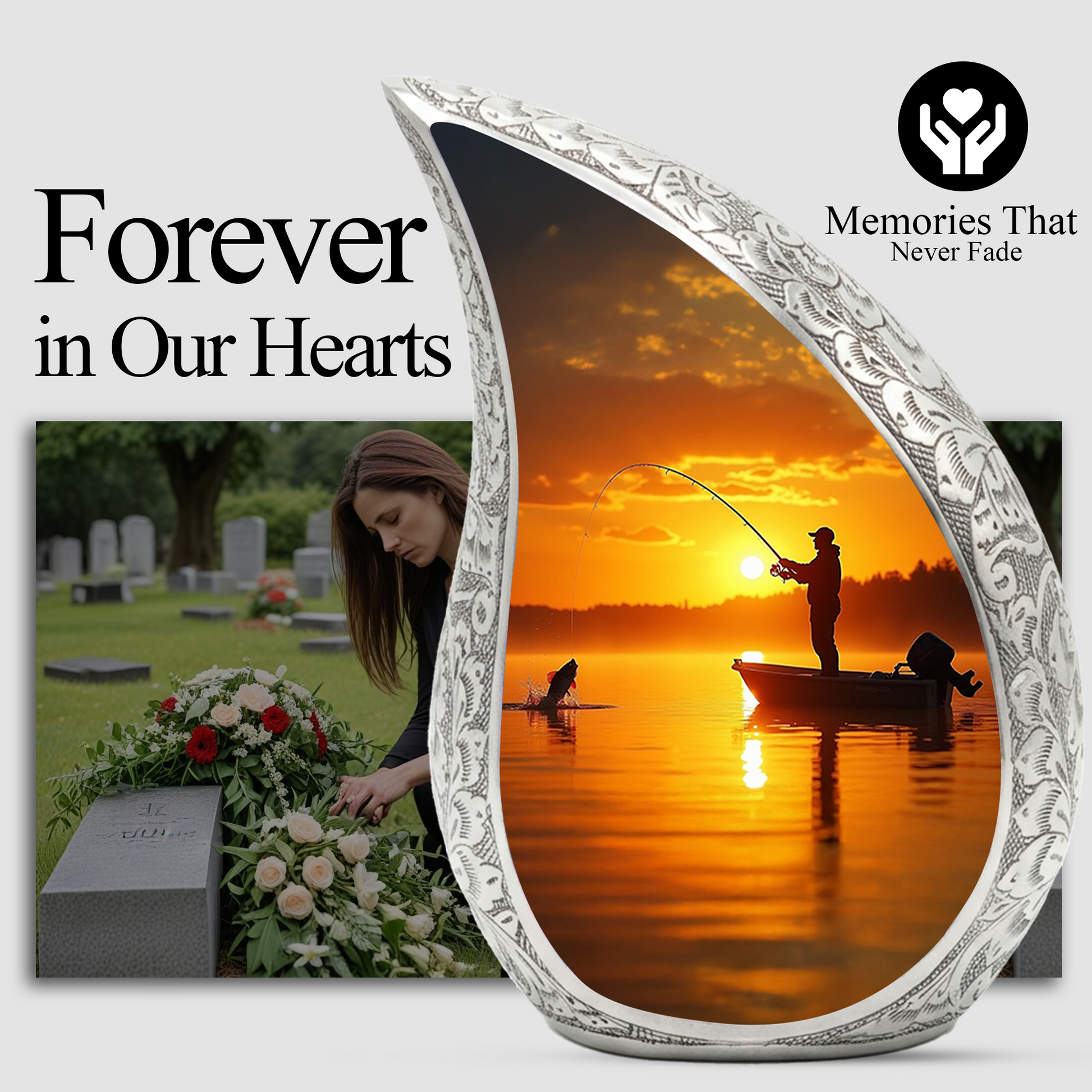 Fishing Personalized Cremation Urn for Dad – Teardrop Style Aluminum Memorial Urn, 10 Inch