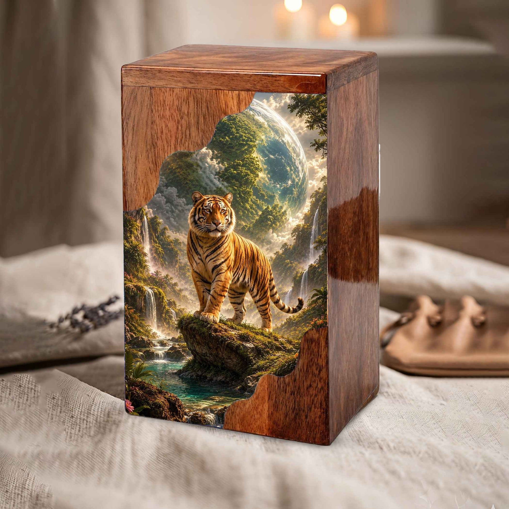 Personalised Urns for Dad, Wooden Cremation Urn for Human Ashes, Tiger Memorial Urn