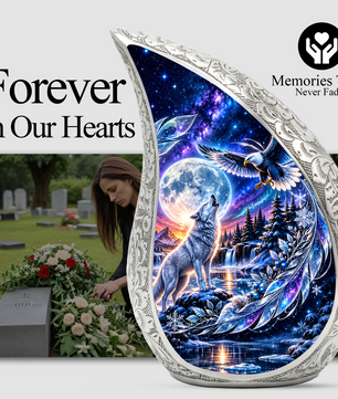 Wolf and Eagle Cremation Urn for Ashes, Wildlife Memorial Urn, Wolf Moon Adult Urn