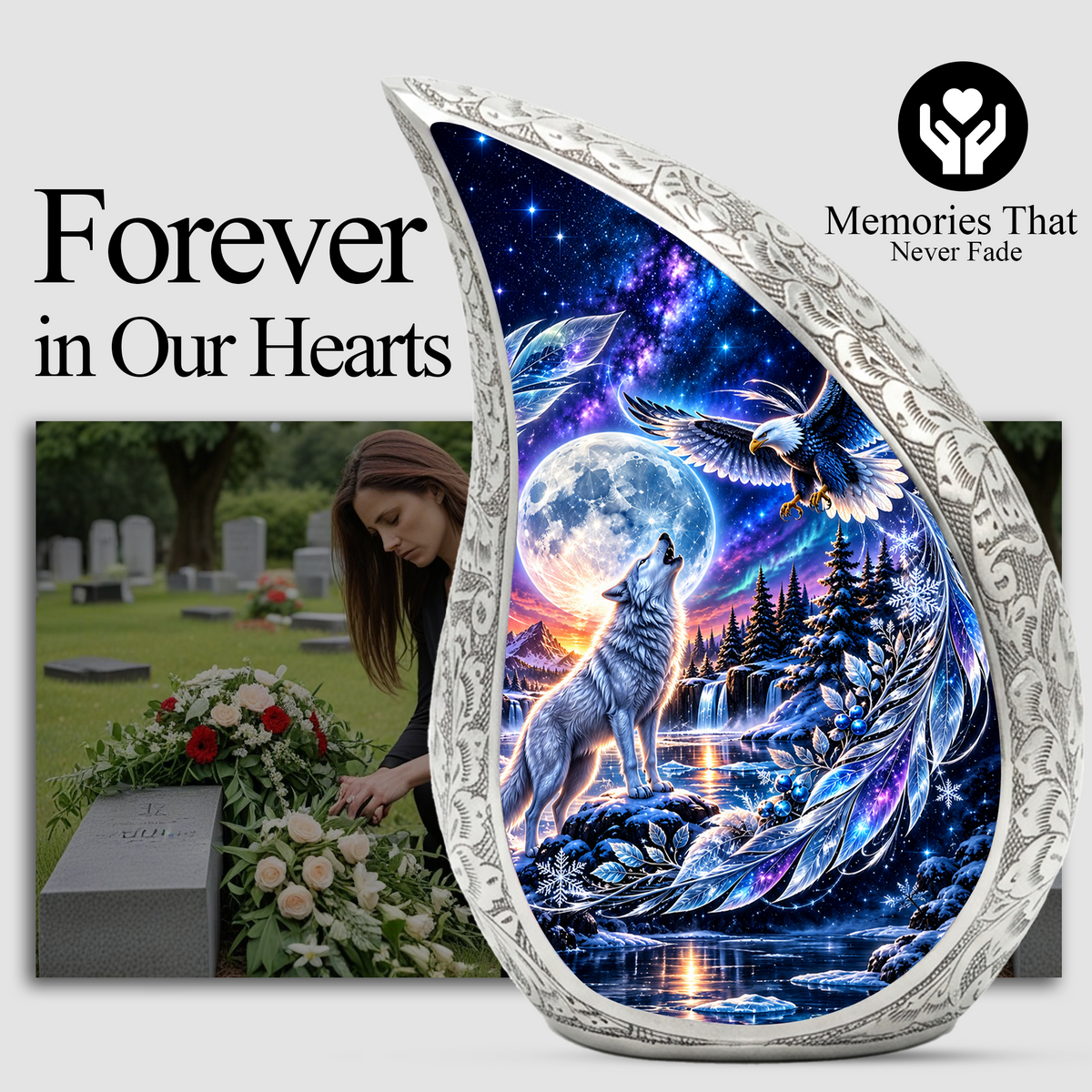 Wolf and Eagle Cremation Urn for Ashes, Wildlife Memorial Urn, Wolf Moon Adult Urn
