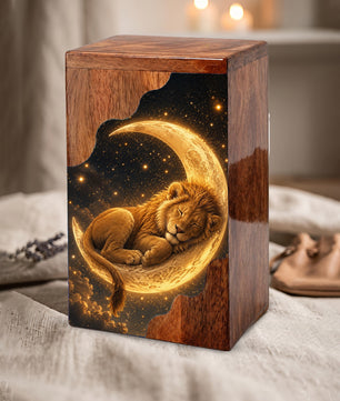 Lion Wooden Cremation Urn – Celestial Moon Memorial Urn for Human Ashes
