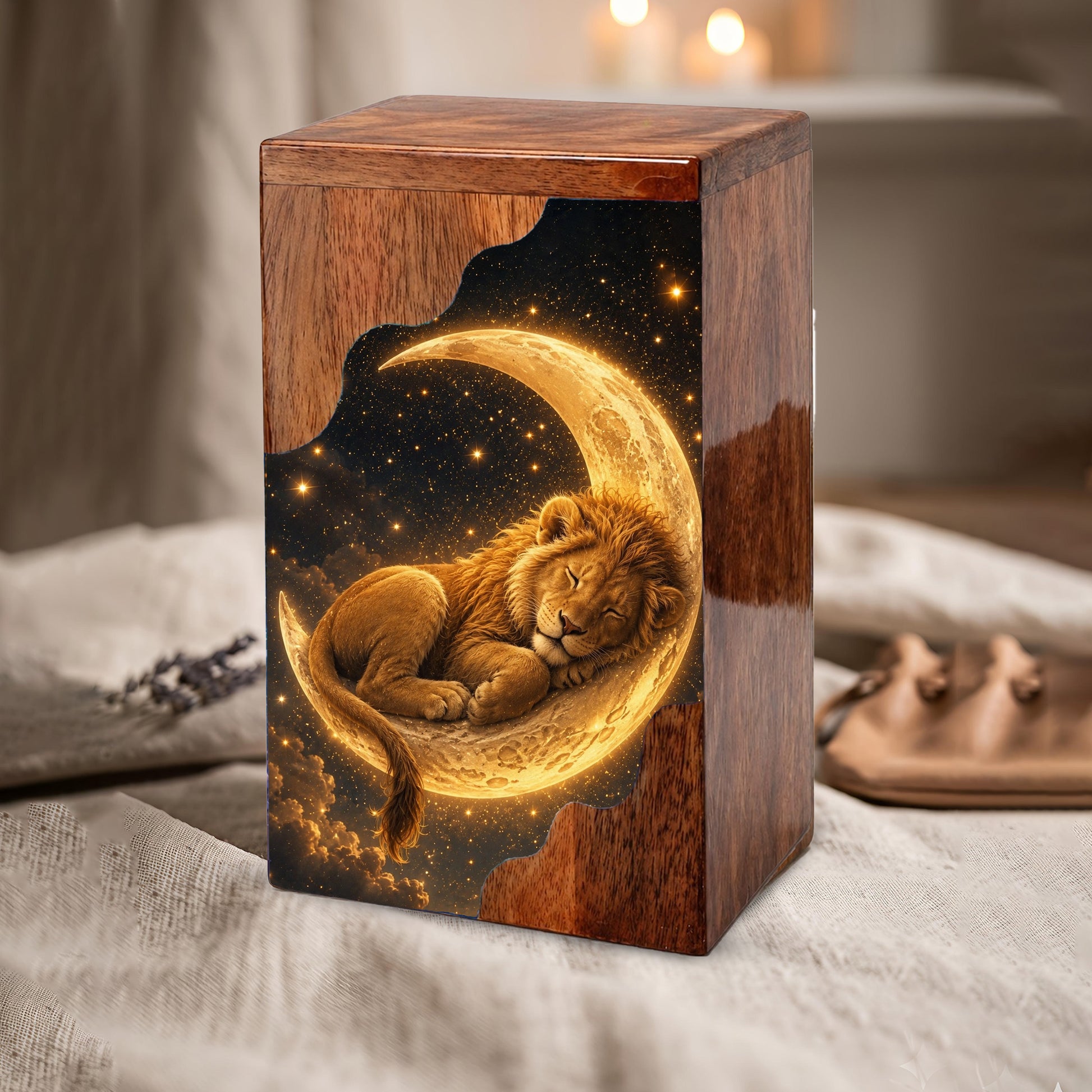 Lion Wooden Cremation Urn – Celestial Moon Memorial Urn for Human Ashes