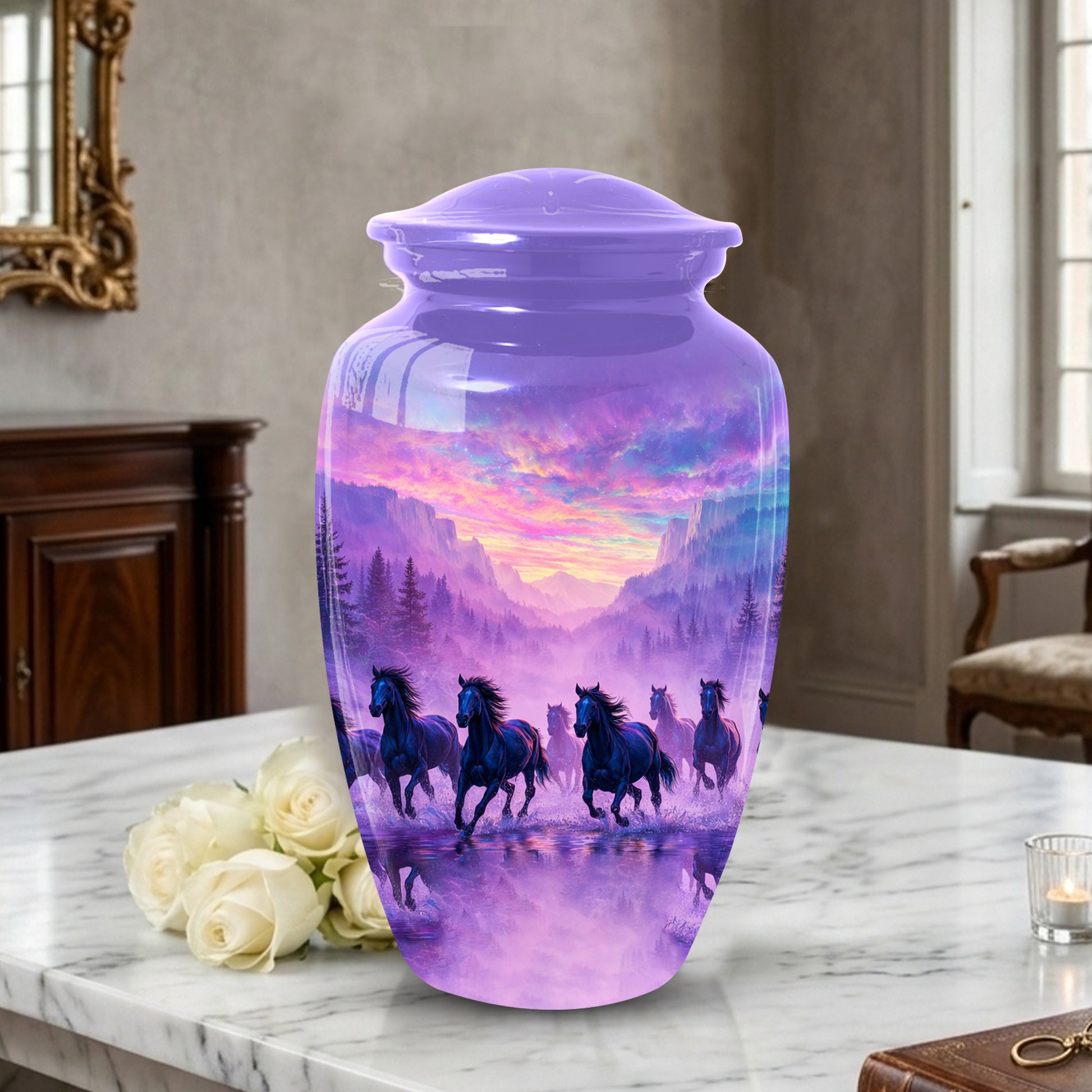 Horse Large Urn for Dad, Running Horses Cremation Urn for Ashes, Memorial Urn for Father