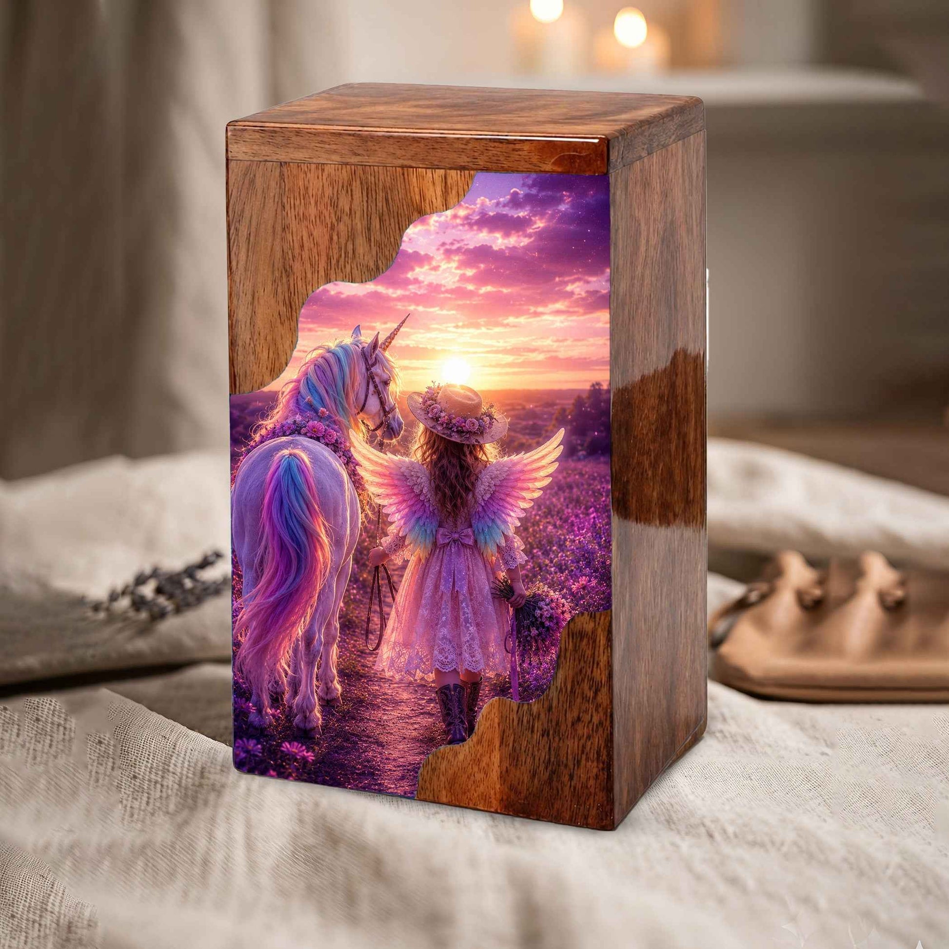 Unicorn Wooden Cremation Urn for Mom | Angel Memorial Urn | Handcrafted Wooden Cremation Urn