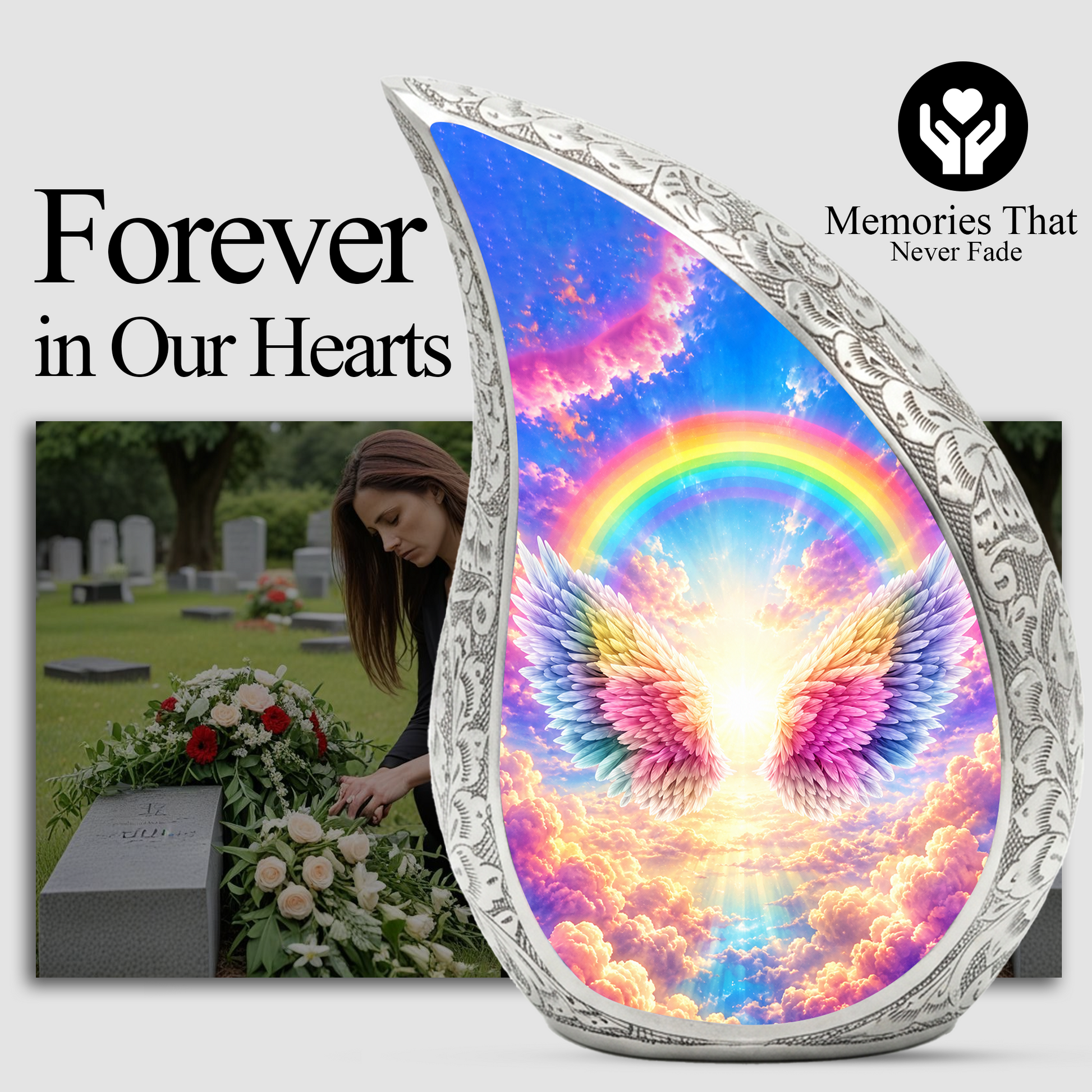 Rainbow Angel Wings Urn for Mom, Personalized Cremation Urn for Ashes