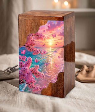 Cherry Blossom Butterfly Wooden Cremation Urn for Mom | Personalized Wooden Urn for Human Ashes