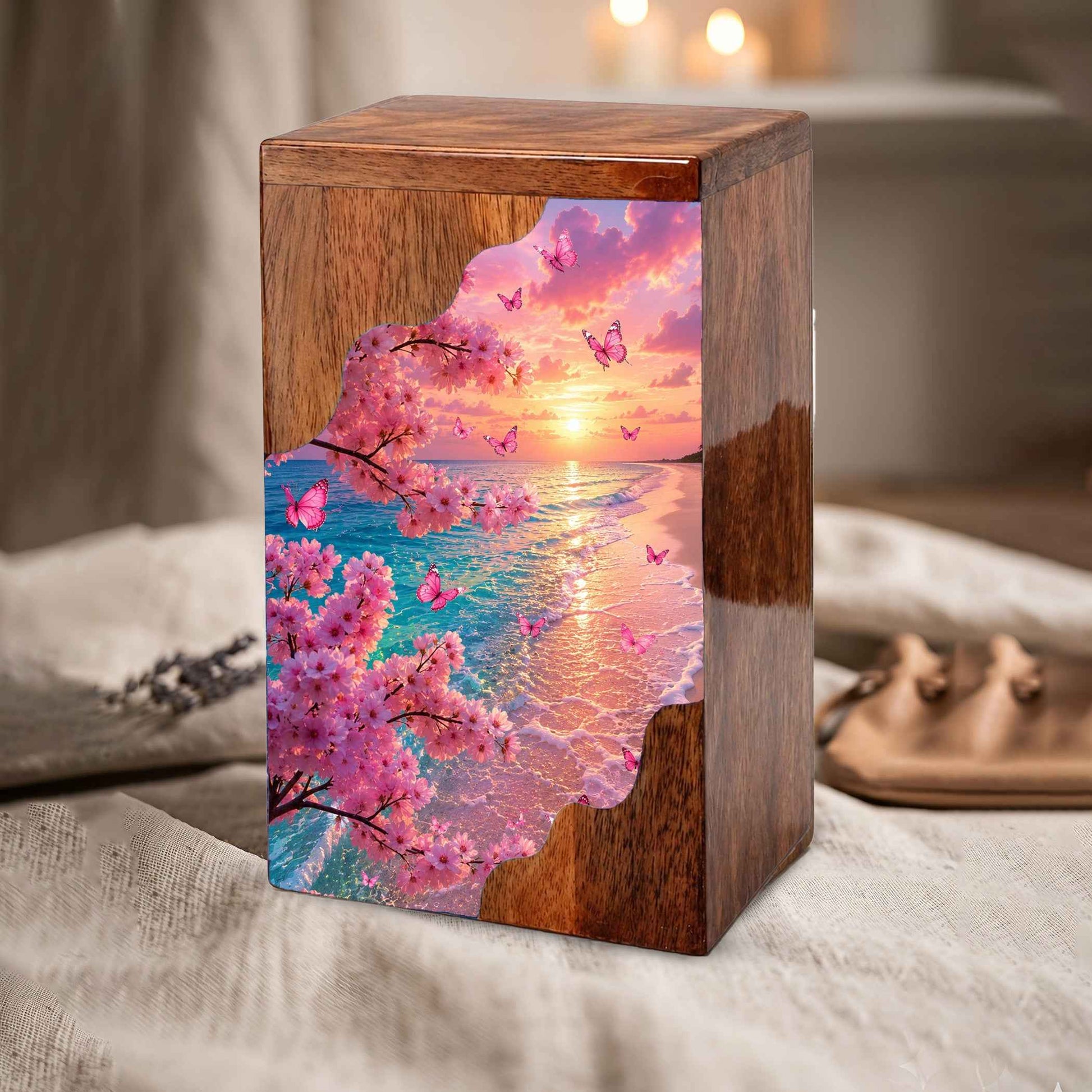 Cherry Blossom Butterfly Wooden Cremation Urn for Mom | Personalized Wooden Urn for Human Ashes