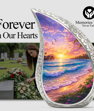 Personalized Beach Cremation Urn – Custom Ocean Sunset Memorial Urn for Ashes, Tropical Beach Teardrop Aluminum Adult Urn, 10 Inch |