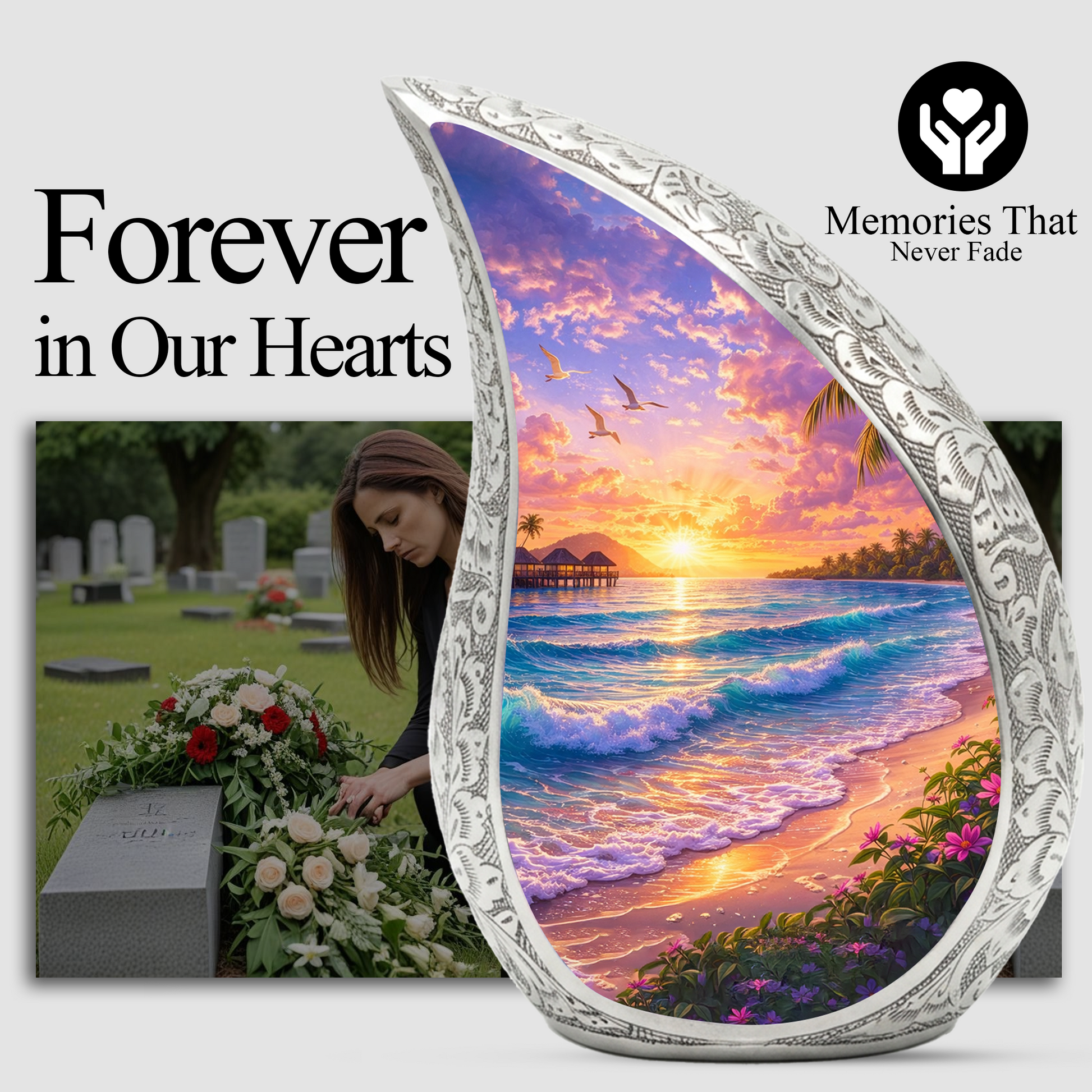 Personalized Beach Cremation Urn – Custom Ocean Sunset Memorial Urn for Ashes, Tropical Beach Teardrop Aluminum Adult Urn, 10 Inch |