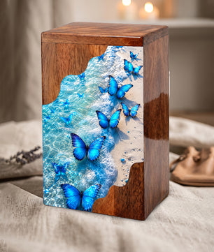 Blue Butterfly Beach Wooden Cremation Urn – Personalized Memorial Urn for Human Ashes
