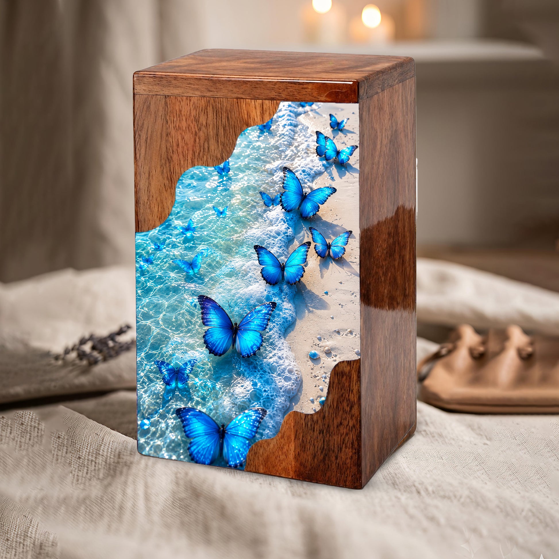 Blue Butterfly Beach Wooden Cremation Urn – Personalized Memorial Urn for Human Ashes
