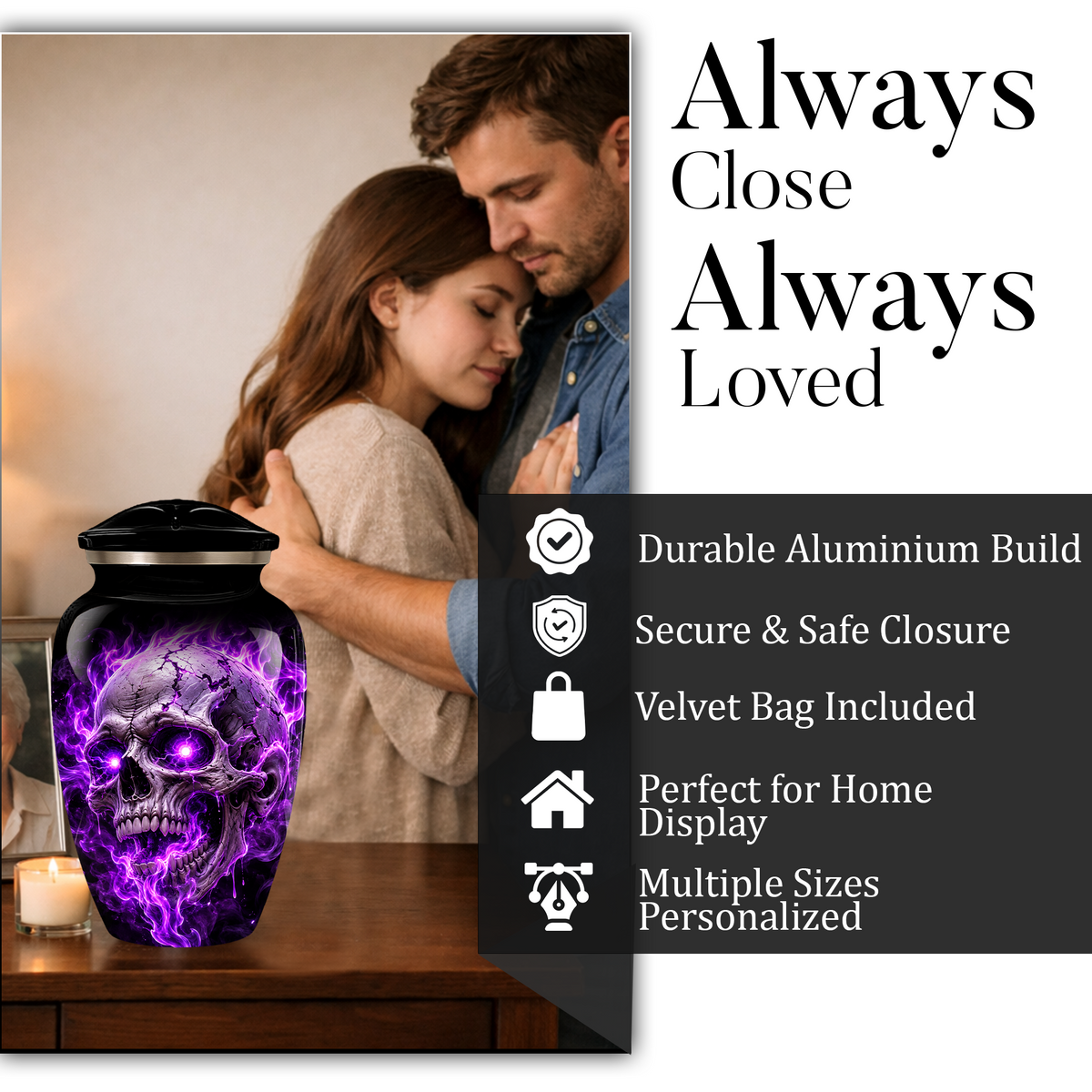 Adult Cremation Urn – Purple Skull & Flames Memorial Urn for Adult Ashes