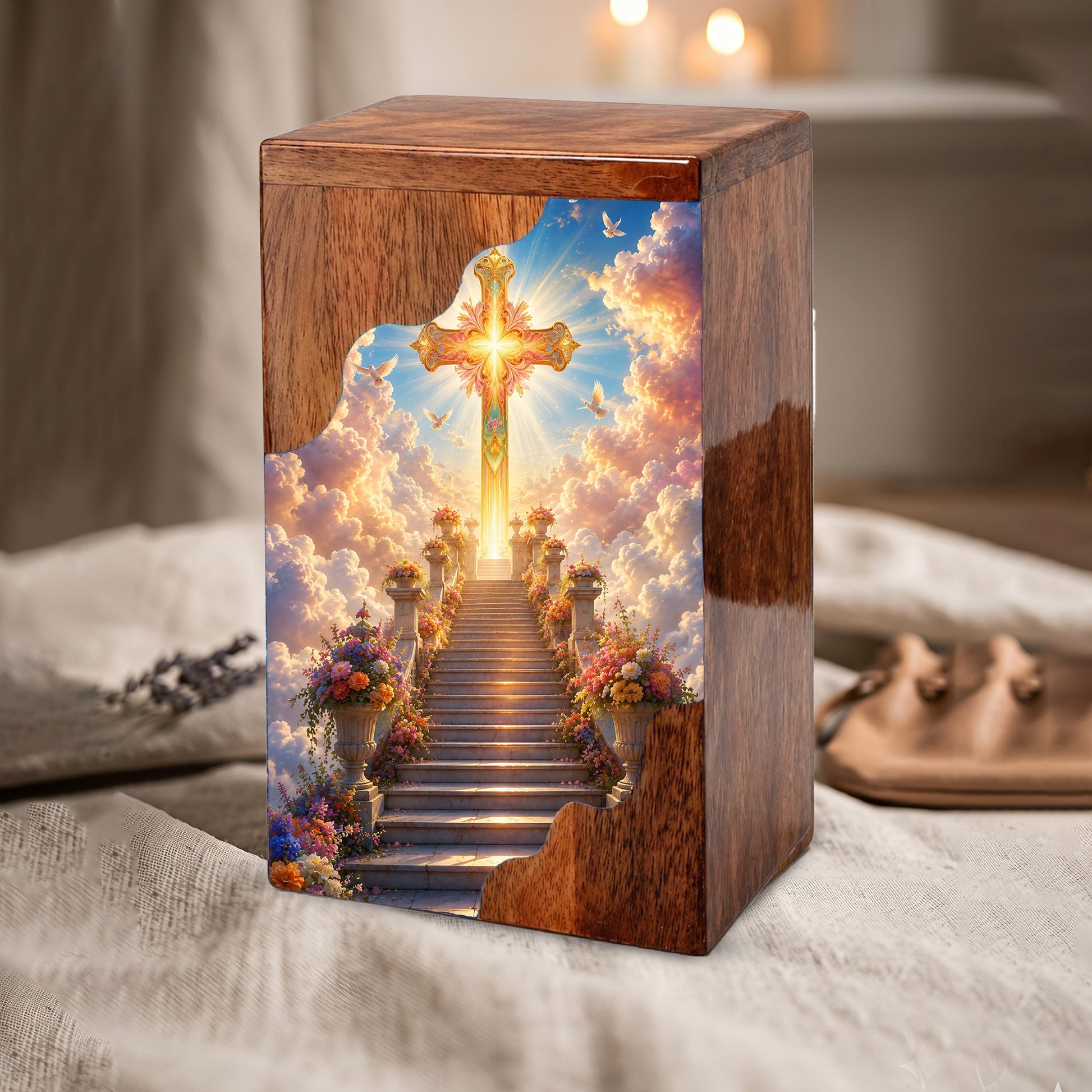 Christian Cross Wooden Cremation Urn – Wooden Urn for Human Ashes
